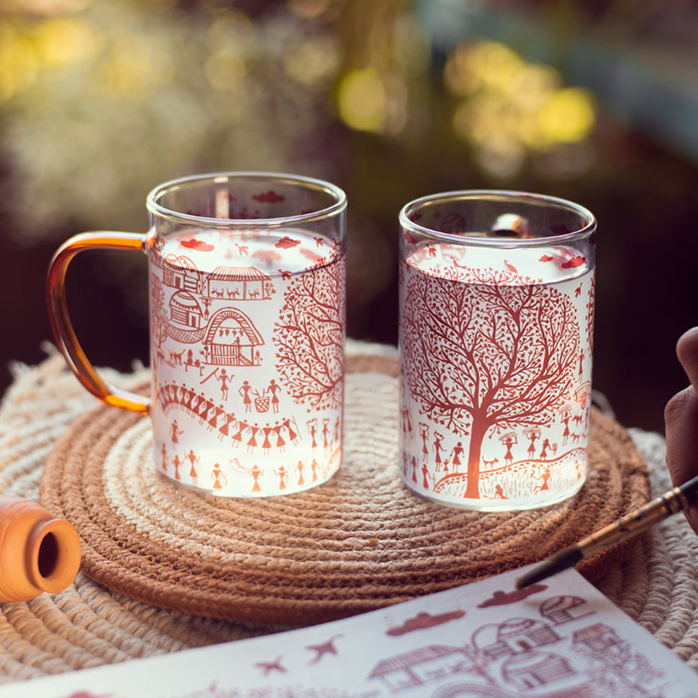 Ethnic Warli Art Clear mugs - Set of 2 and 4