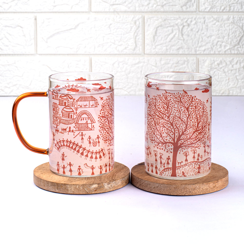 Ethnic Warli Art Clear mugs - Set of 2 and 4