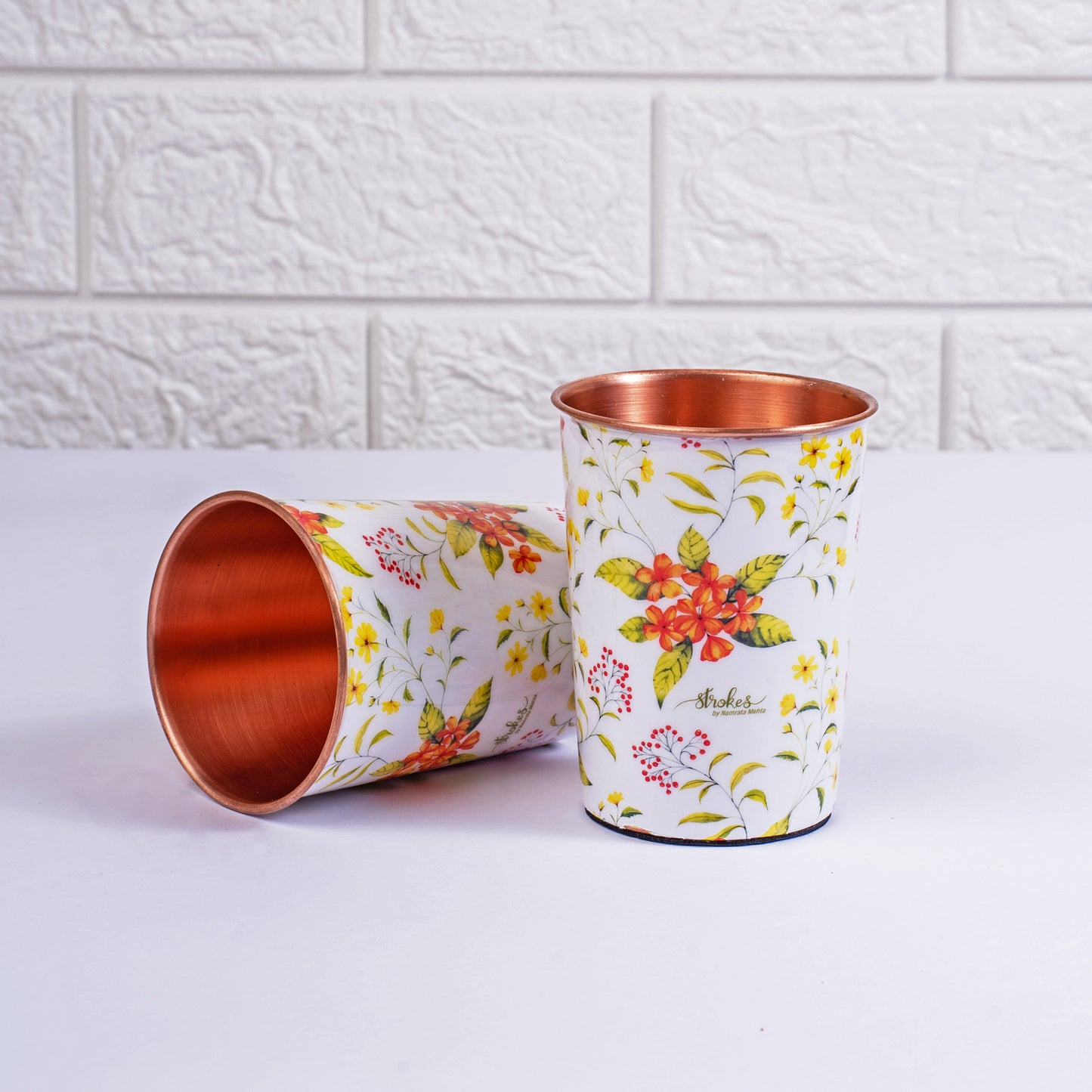 Yellow and Orange Floral Copper Bottle and Tumblers - Gift Set