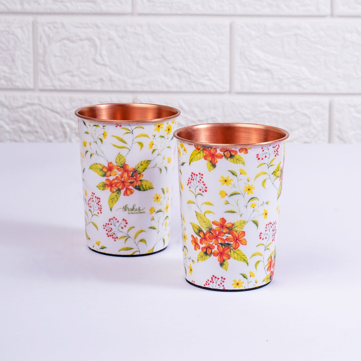 Yellow and Orange Floral Copper Bottle and Tumblers - Gift Set