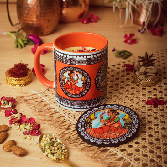Paripatra Pattachitra Mug with Coaster - Orange