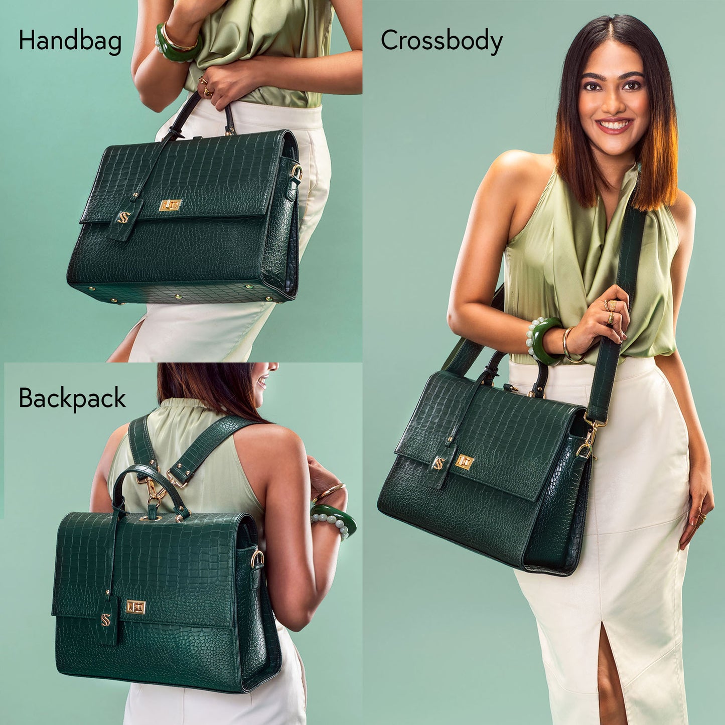 The Compact Convertible Work Bag for 14" laptops: Emerald Elegance (3 in 1 - Backpack, Crossbody/Tote & Handbag)