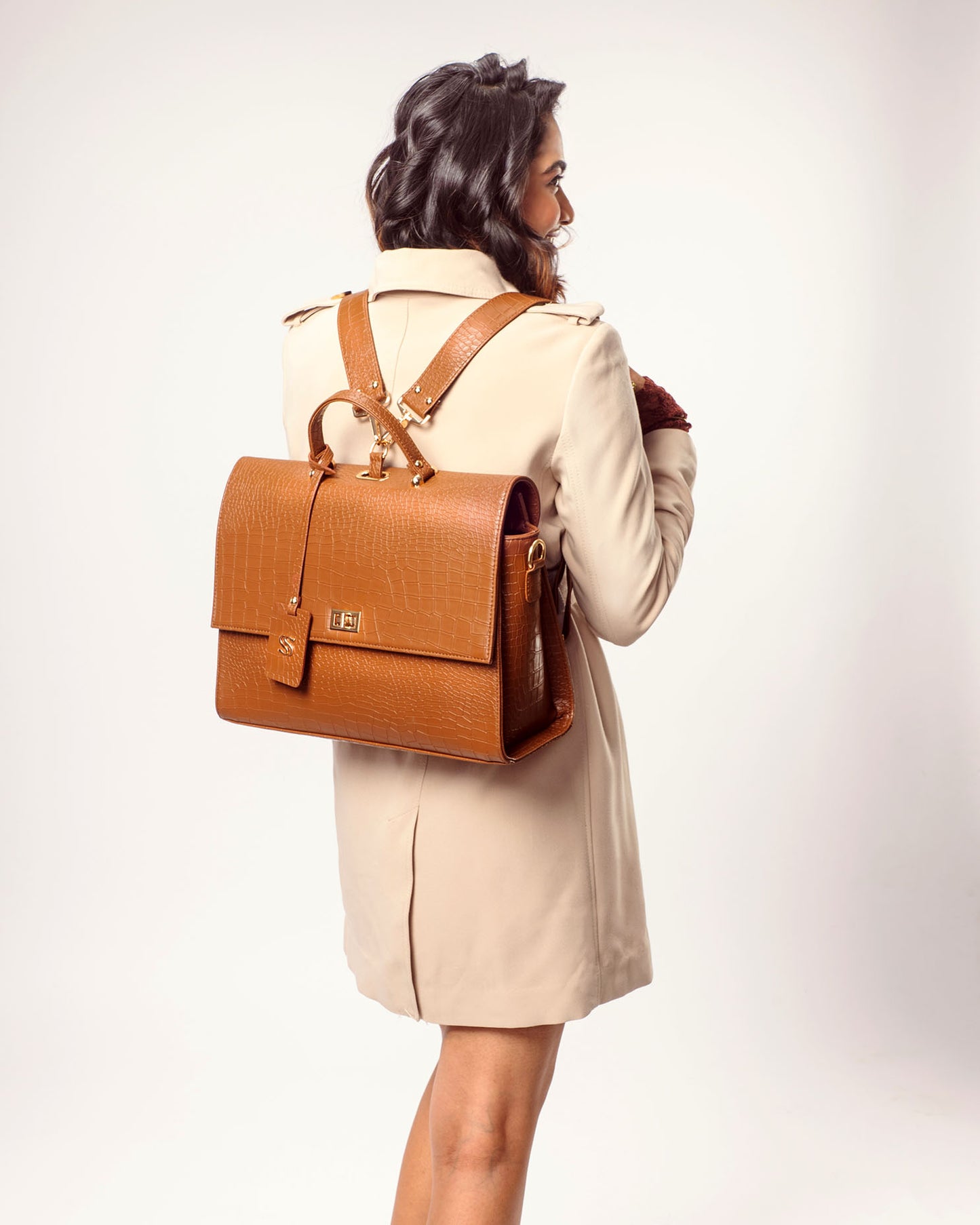 The Compact Convertible Work Bag for 14" laptops: Mocha Elegance (3 in 1 - Backpack, Crossbody/Tote & Handbag)