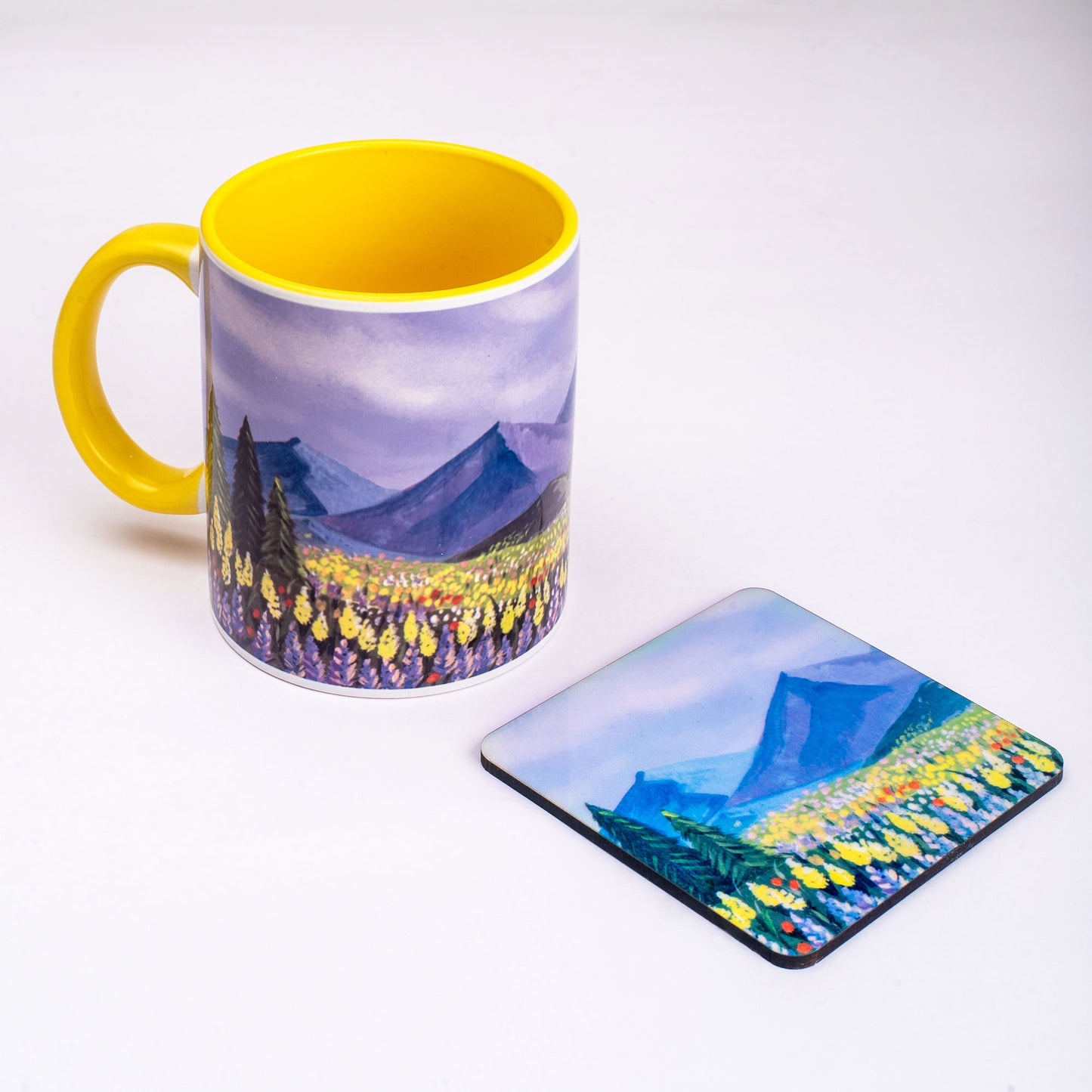 Picturesque Landscape Mug with Coaster - Yellow