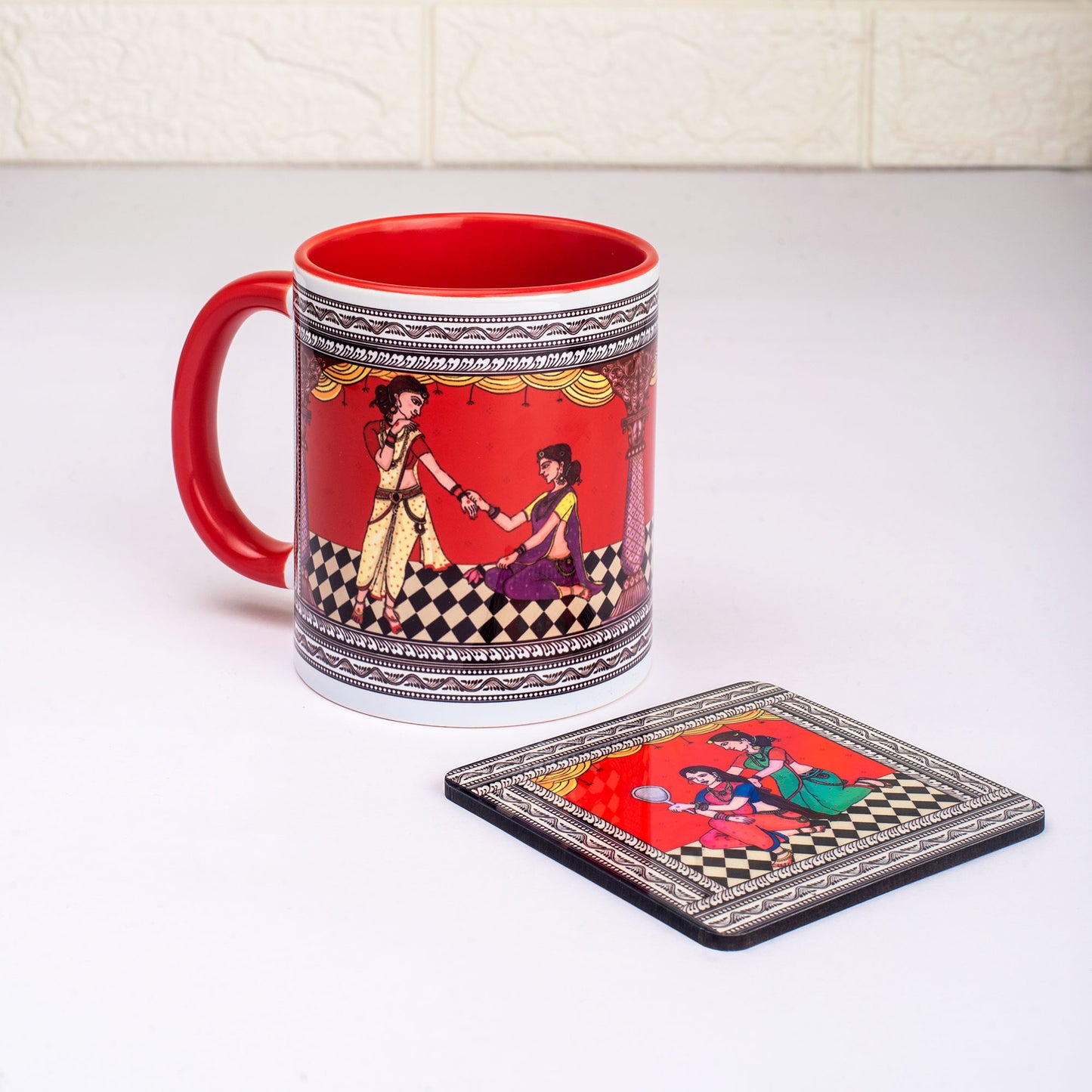 Shringaar Pattachitra Mug with Coaster - Red
