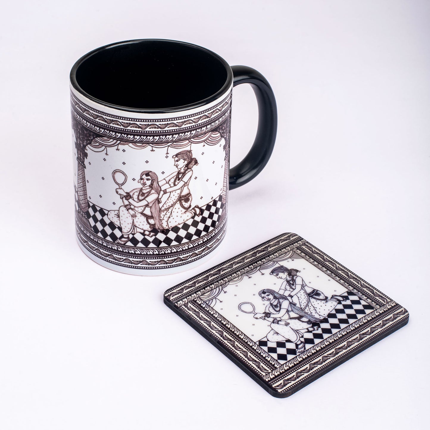 Shringaar Pattachitra Mug with Coaster - Black