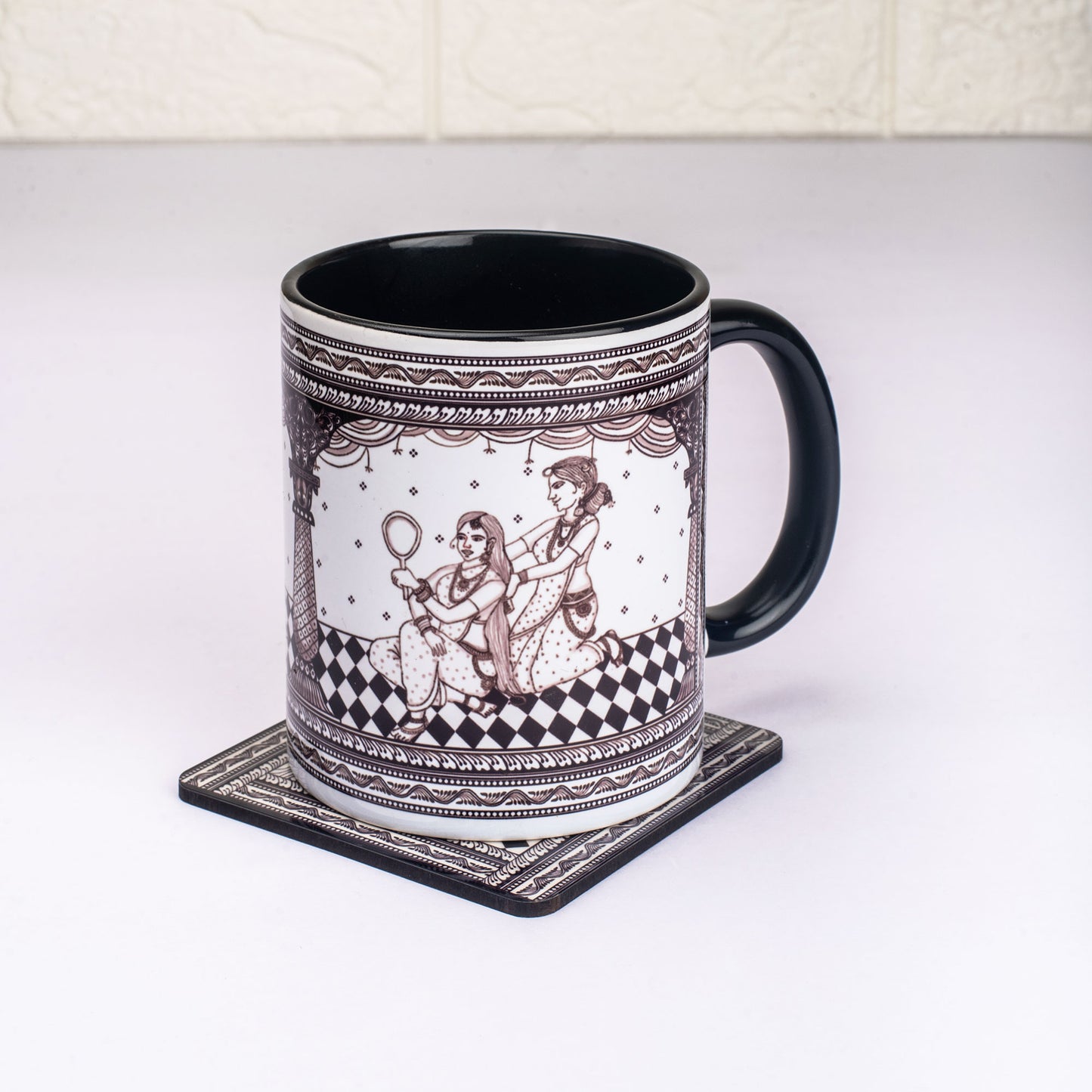 Shringaar Pattachitra Mug with Coaster - Black