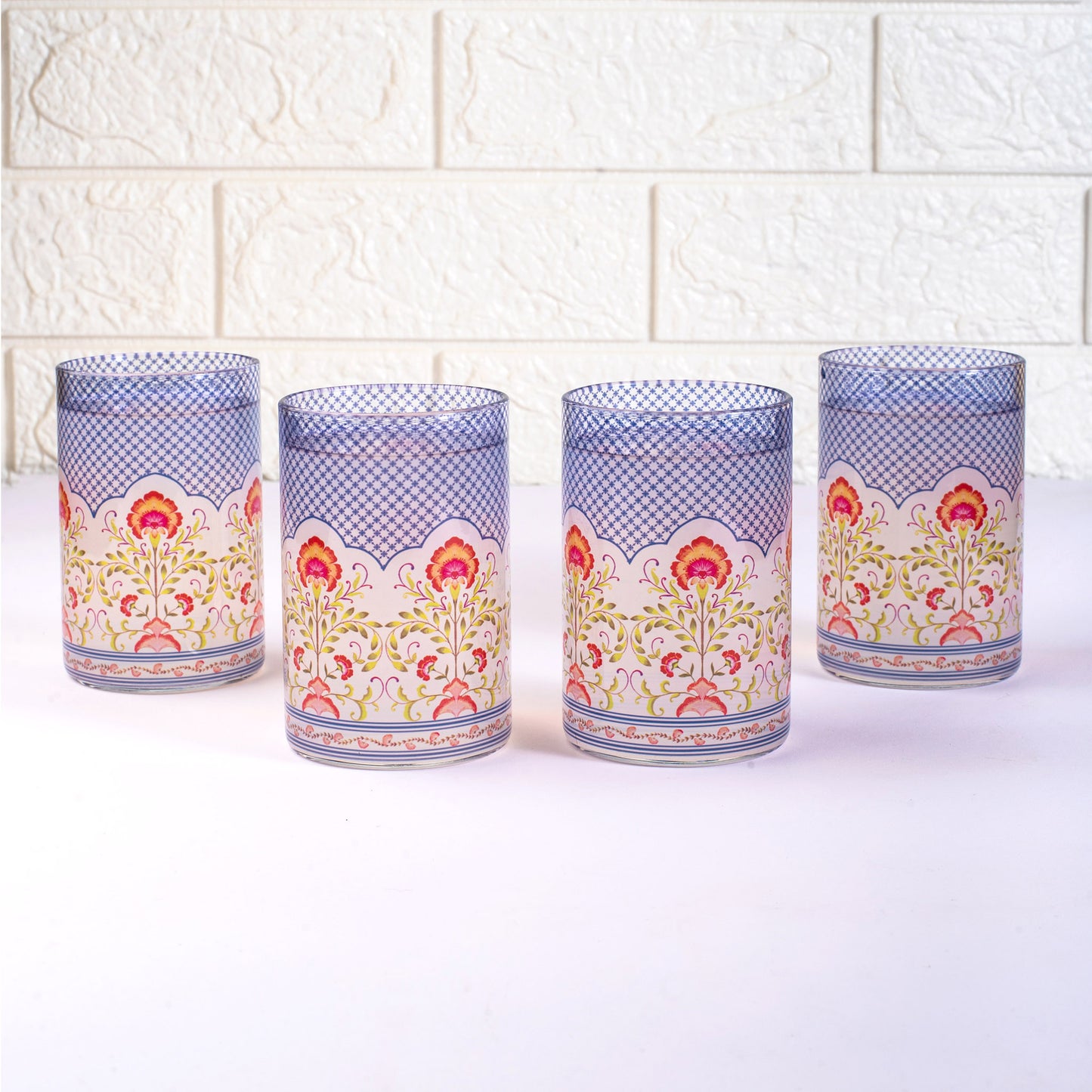 Floral Jali Print Glass Tumblers - Set of 4 and 6