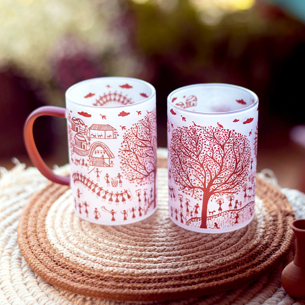 Ethnic Warli Art Frosted mugs - Set of 4